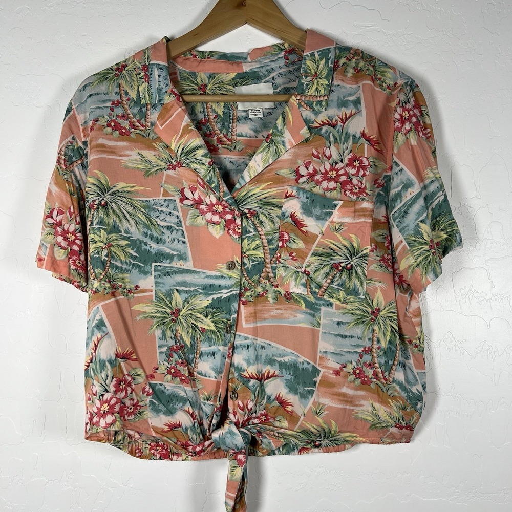 American Eagle Women Pink/coral Tropical Tie Front Button Up Shirt- Size Medium